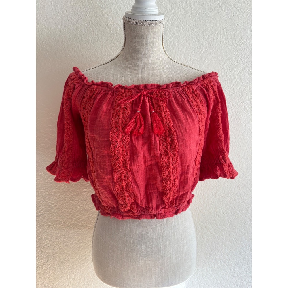 American Eagle Crop Top Small Red Lace Off Shoulder Tassel Gauze Boho Peasant